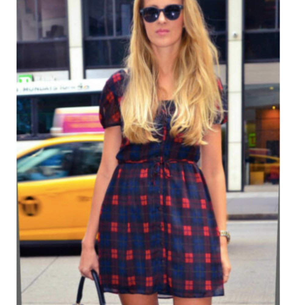 Zara Red Black Plaid Check Chiffon Short Sleeve Dress Sz M